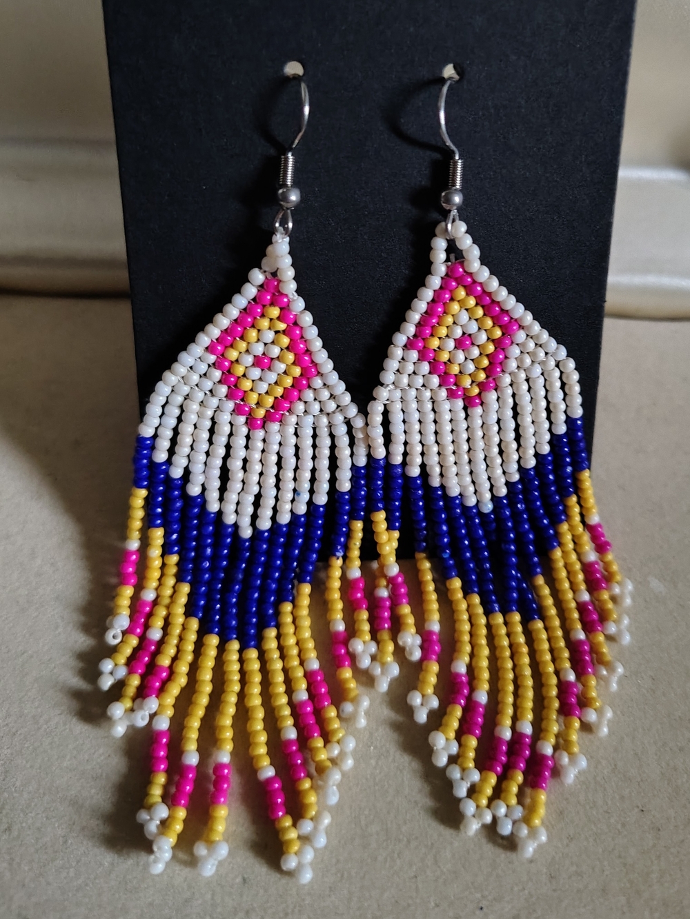 🚨New Hand Crafted White, Blue, Yellow & Pink Beaded Fringe Earrings🚨